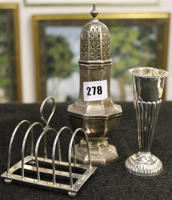 Sugar caster, small toast rack and spill vase